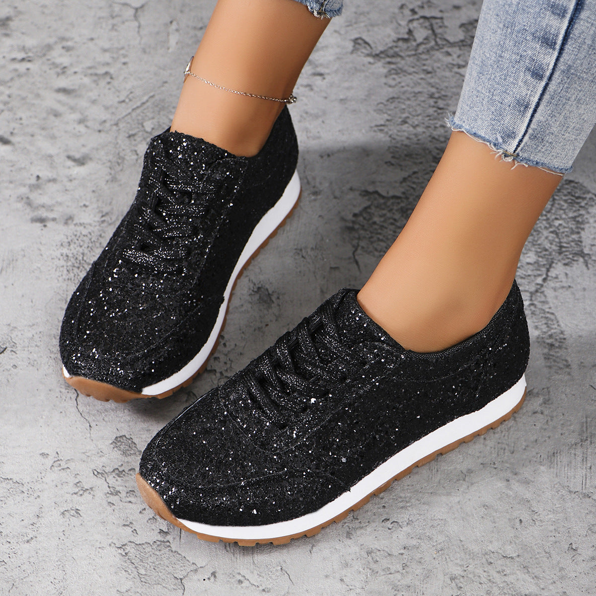 Beautiful Sequin Lace-Up Flat Casual Sports Shoes for Women – Stylish Single-Layer Footwear