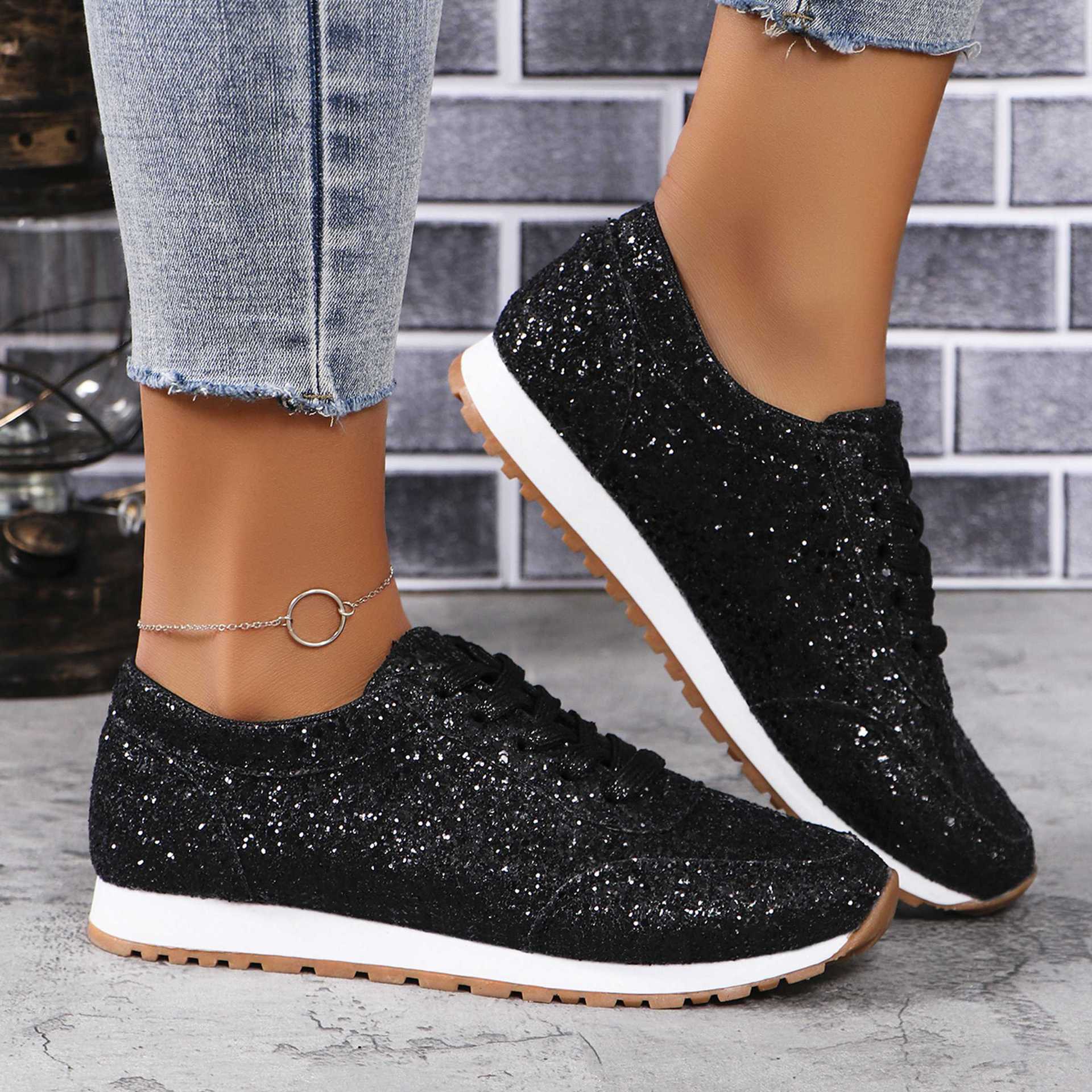 Beautiful Sequin Lace-Up Flat Casual Sports Shoes for Women – Stylish Single-Layer Footwear
