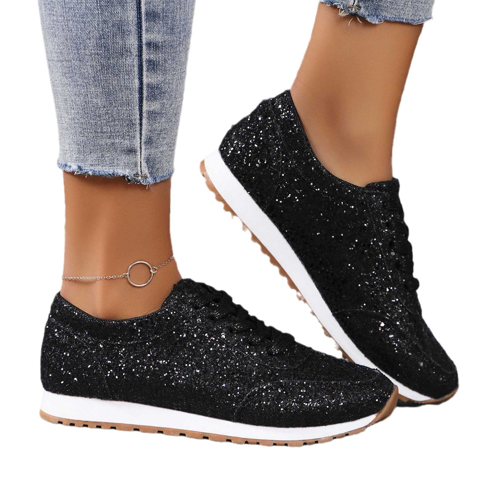 Beautiful Sequin Lace-Up Flat Casual Sports Shoes for Women – Stylish Single-Layer Footwear