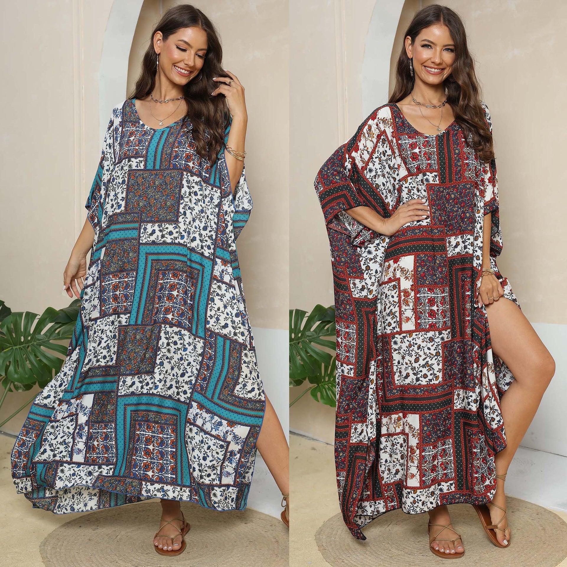 Printed Loose Blouse Beach Holiday Split Mop Dress