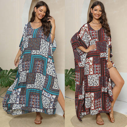 Printed Loose Blouse Beach Holiday Split Mop Dress
