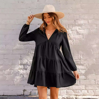 Black V-Neck Mini Dress – Long Sleeve Ruffled Hem Elegant Outfit
