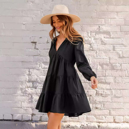 Black V-Neck Mini Dress – Long Sleeve Ruffled Hem Elegant Outfit
