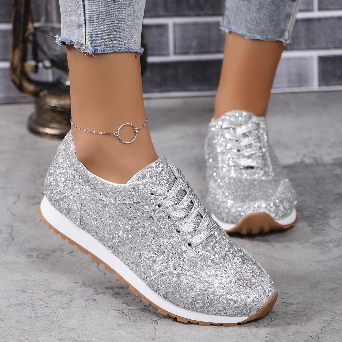 Beautiful Sequin Lace-Up Flat Casual Sports Shoes for Women – Stylish Single-Layer Footwear
