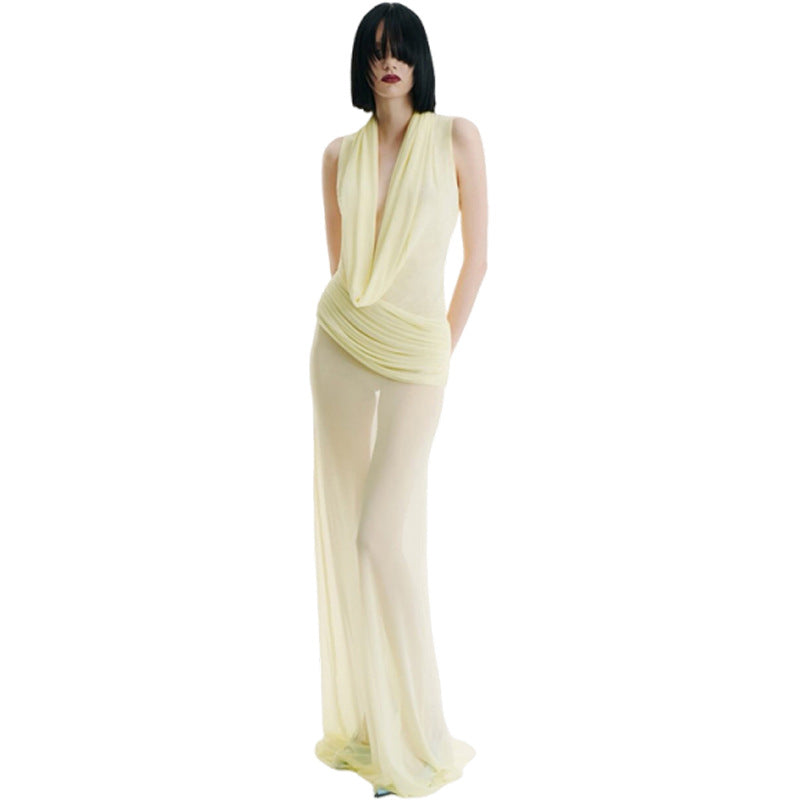 Elegant Mesh Long Dress for Women Sheer Design with Swing Collar